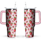40 Oz Strawberry Tumbler With Handle and Straw Lid, Insulated Cup for Cold & Hot Drinks, Stainless Steel Coffee Mug, Fruit Tumbler Gifts for Women Girls