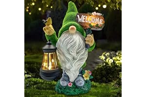 Lovinland Garden Gnome Statue Outdoor Decor Large Flocked Resin Gnome Figurine with Solar Light Holding Lantern Welcome Sign Garden Yard Decorations Dwarf Sculpture for Outside Patio Porch Lawn Decor