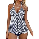 RXRXCOCO Women Halter Tankini Swimsuits Tummy Control Swimsuit Flowy V Neck Bathing Suits