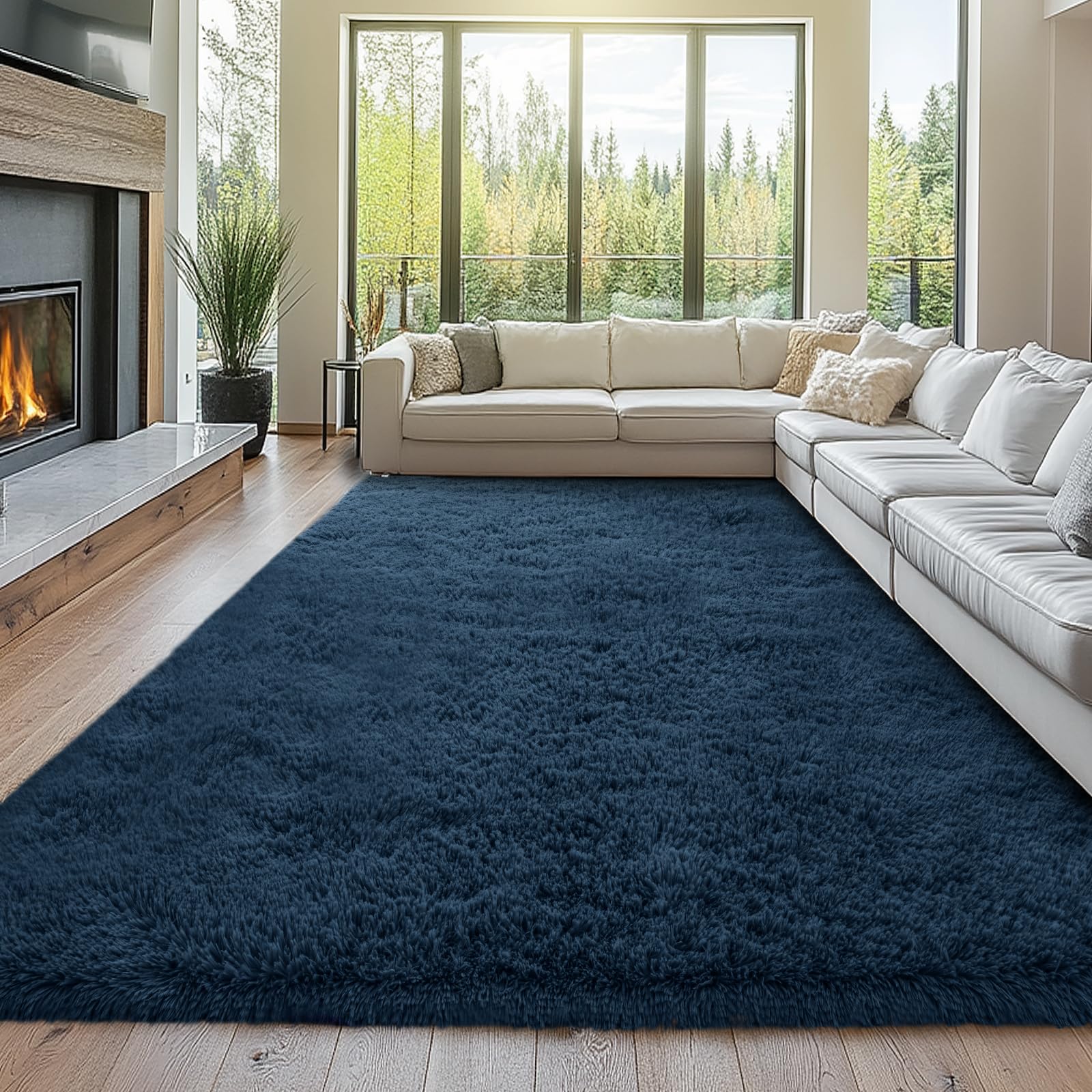 Photo 1 of 8x10 Large Area Rugs for Living Room: 8x10 Large Shag Area Rugs for Living Room- Large Shag Rugs- Navy Blue Shaggy Big Mordern Indoor Carpets for Bedroom, (Navy Blue, 8x10)