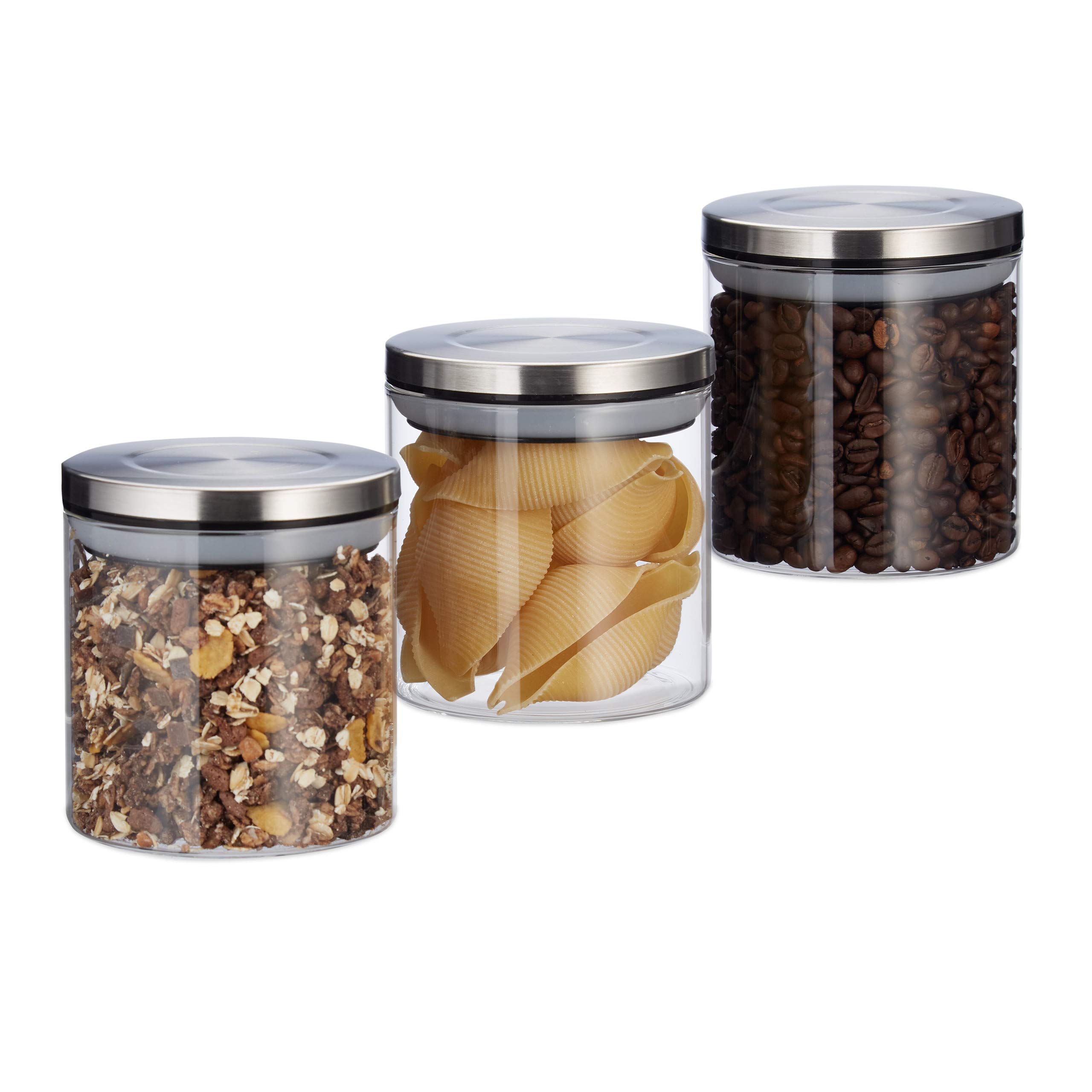 Relaxdays Glass Jar Set of 3, 380 ml, Airtight, Stainless Steel Lids, for Coffee, Tea, Sugar, Kitchen Jars, Transparent