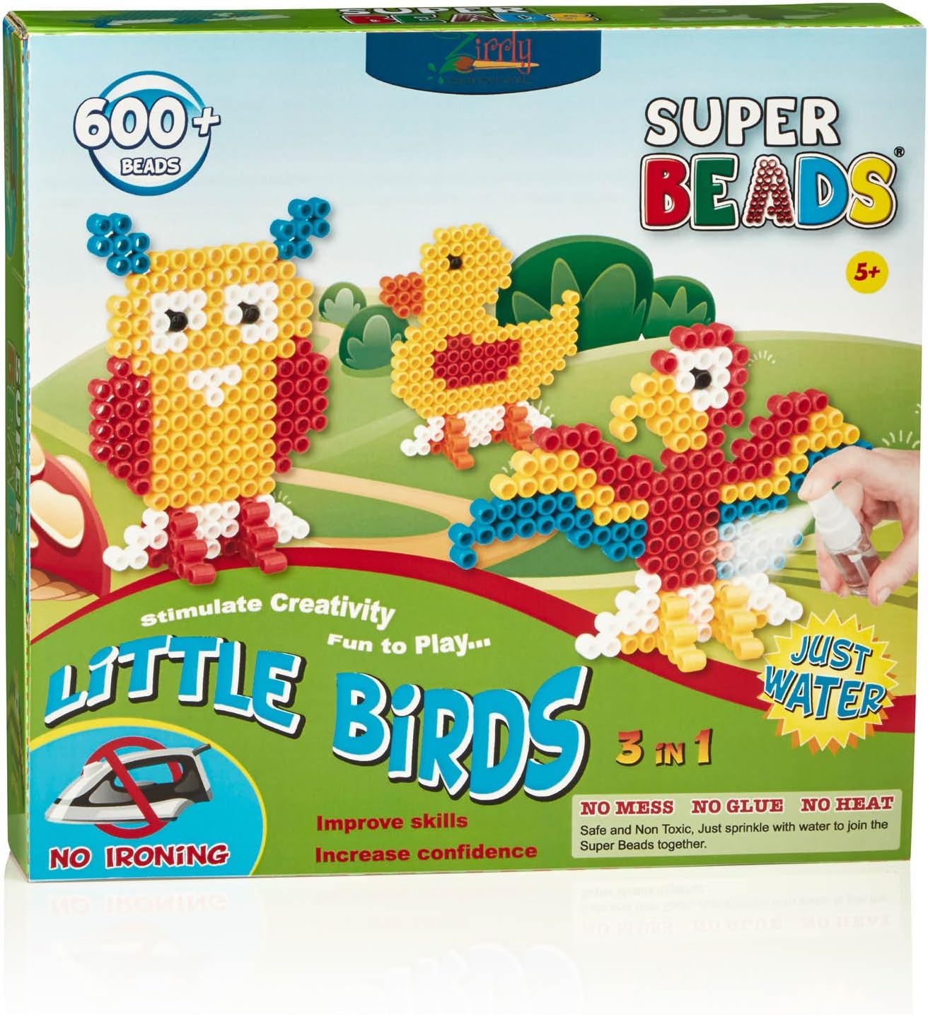 Zirrly Little Bird Perler Super Beads - Non Iron, No Glue Fuse Beads, Just Add Water - 3 Birds Pegboards, 600+ Beads, 1 Spray Bottle