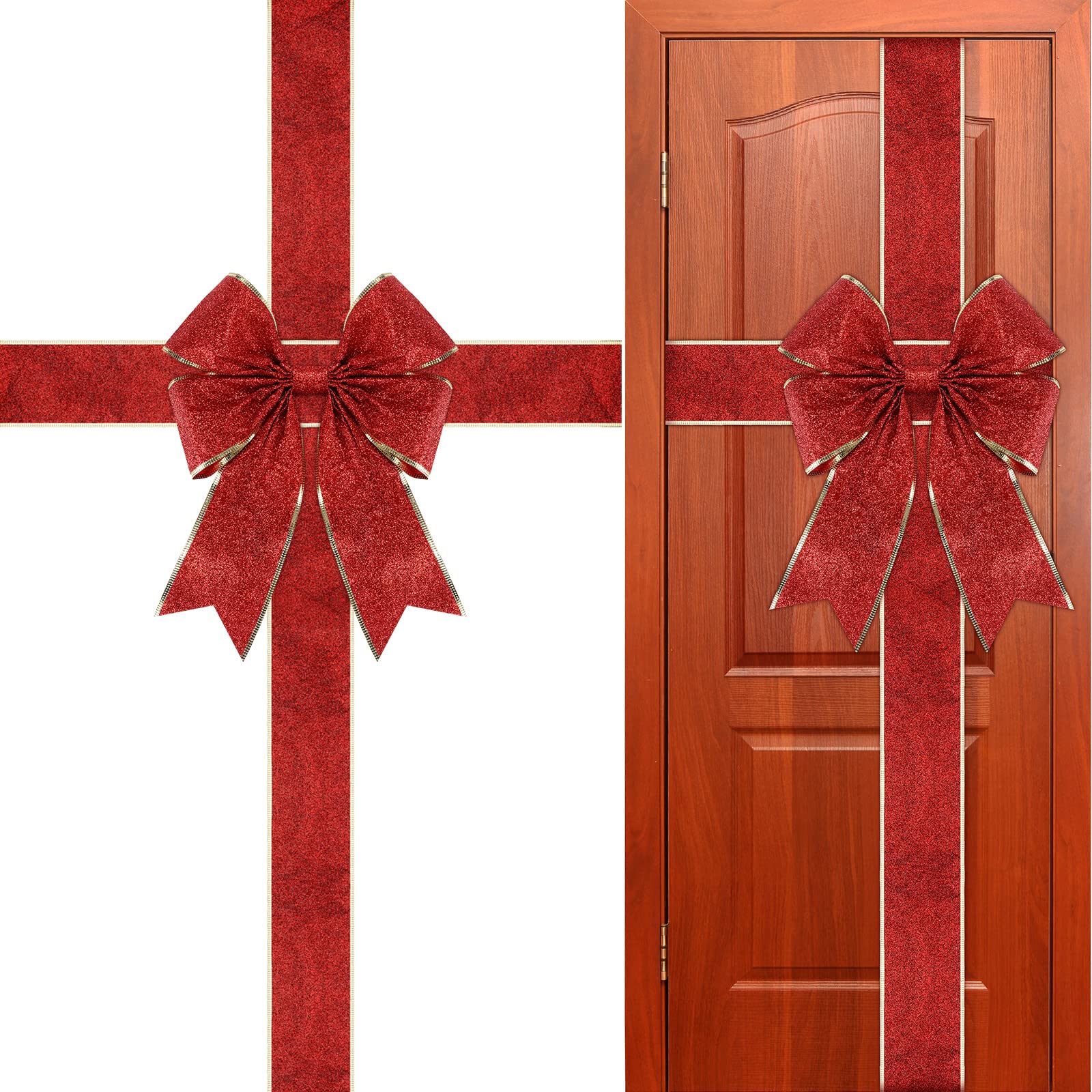 View 1 of Geosar Christmas Door Cabinet Ribbon Bows Large Red Christmas Gold Glitter Wreath Bows Decorations for Front Door Xmas Tree Fireplace Festival Wrapping Holiday Party Supplies 14 x 6.6 ft