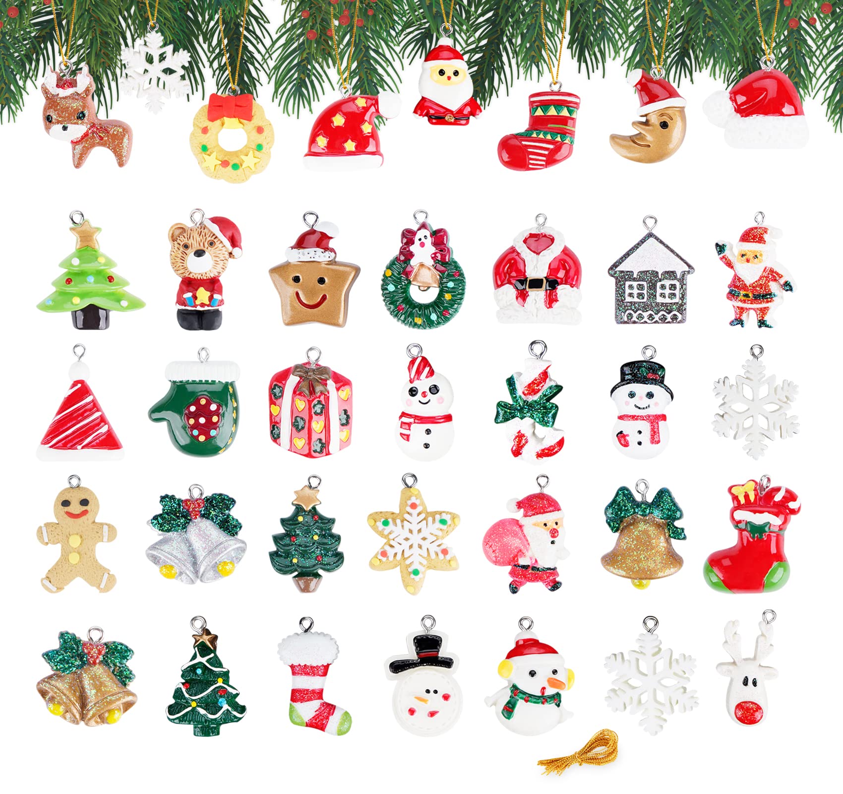36Pcs Mini Christmas Ornaments Resin DIY Christmas Tree Hanging Decorations 3CM with Strings for Small Tree Xmas Pendants Crafts Assorted Santa Claus Snowman Gift