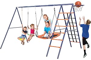 SIHANM Swing Set for Backyard 550lbs - 6 in 1 Playground Sets for Backyards Safe Platform Swing for Kids Outdoor Heavy Duty Metal Frame with 3 Adjustable Swings Climbing Net Climbing Ladder Basketball Hoop