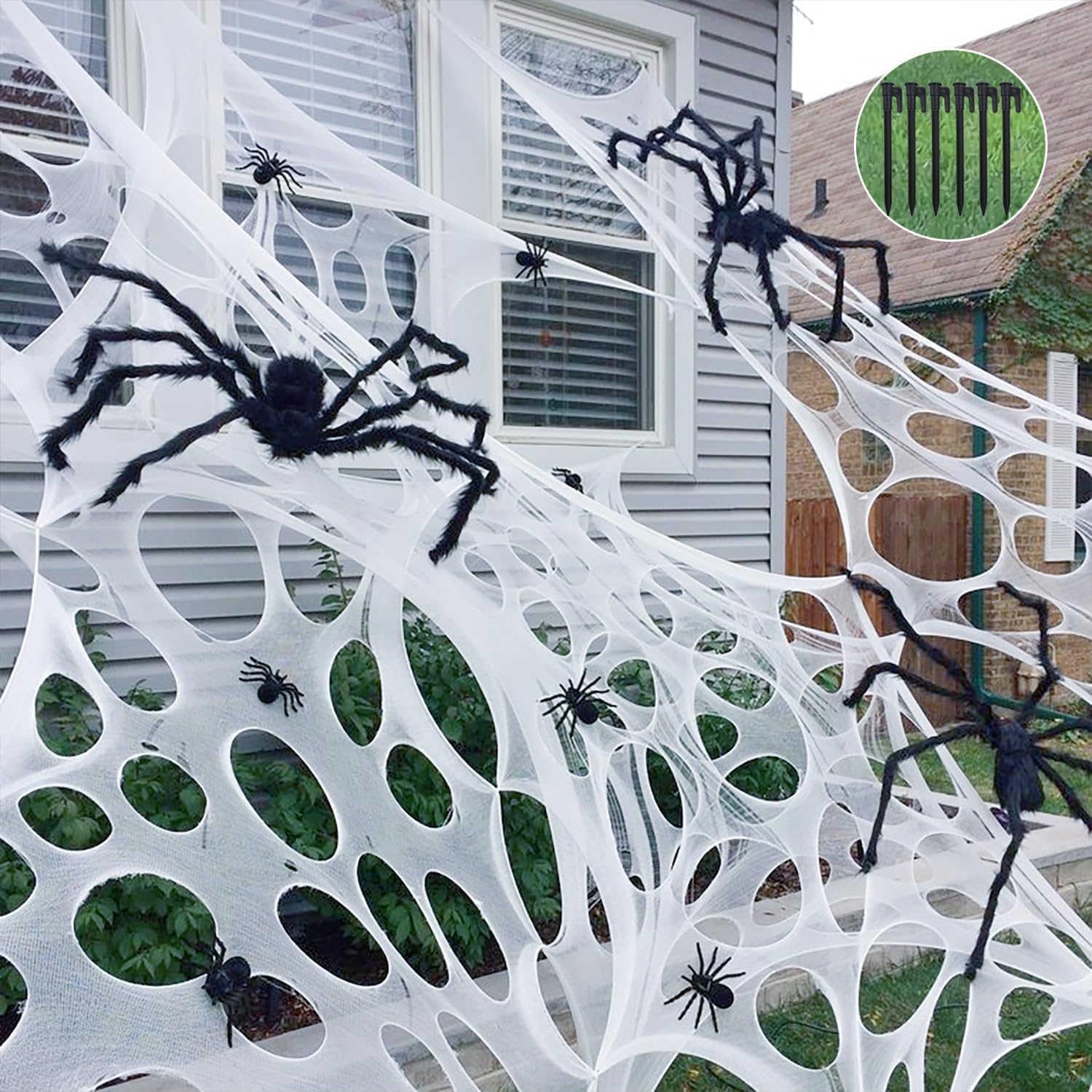 Photo 1 of 2 Pack Giant Beef Netting Spider Webs Halloween Decorations, Super Stretchy DIY Spider Webbing with Stakes, Gauze Spiderwebs Cobwebs for Haunted House Yard Garden Tree Indoor Outdoor Party Decor