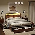 HAUSOURCE Queen Bed Frame with Storage Headboard and 4 Drawers Bed Frame Queen Size with Charging Station LED Lights Metal Platform Non-Slip Without Noise No Box Spring Needed