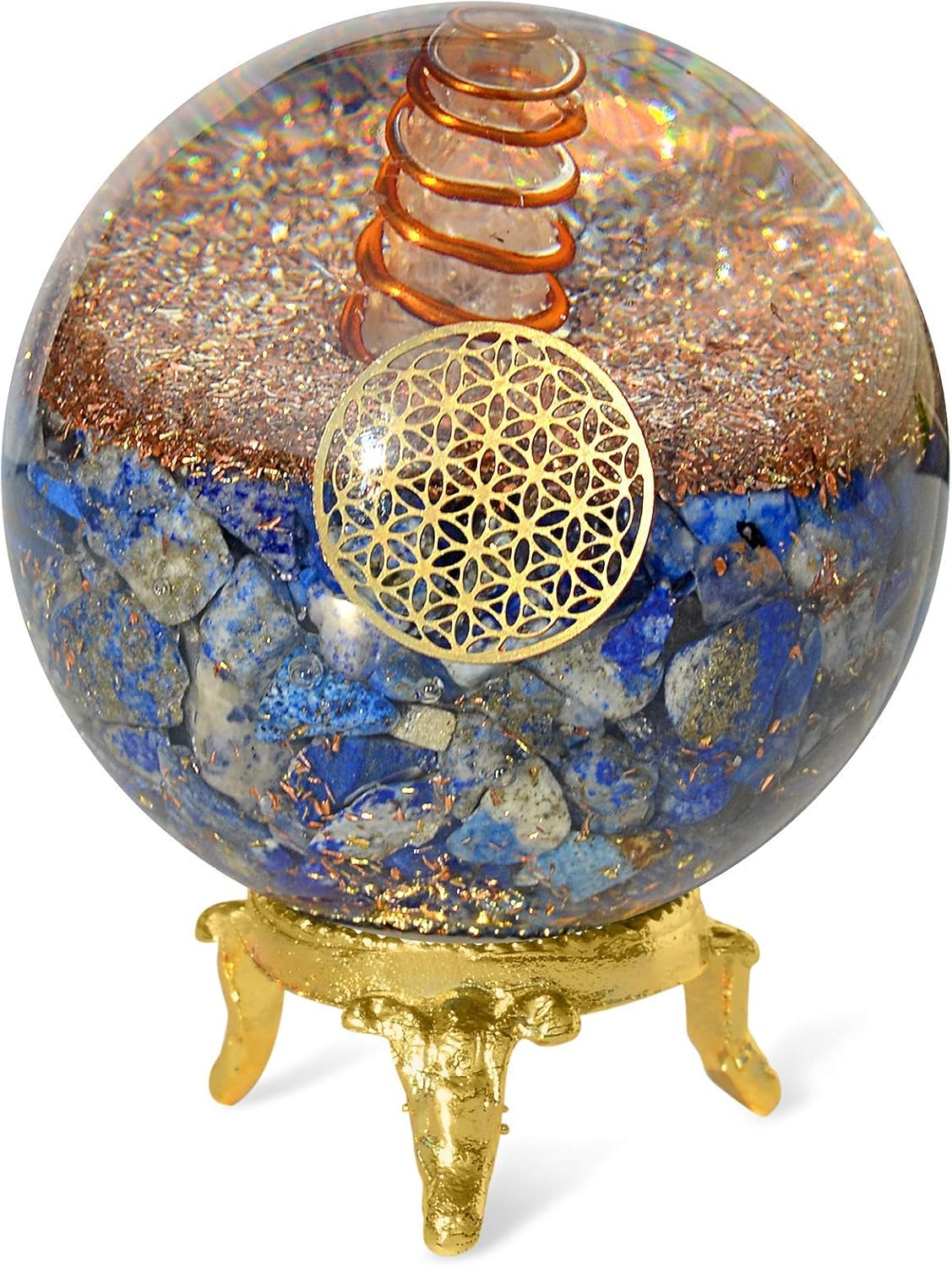 Mixed Media - Orgonite Crystal Lapis Lazuli Ball with Holder – Third Eye Chakra Crystal with Flower of Life Enhances Decision Making and Promotes Friendship, Honesty, Compassion and Integrity