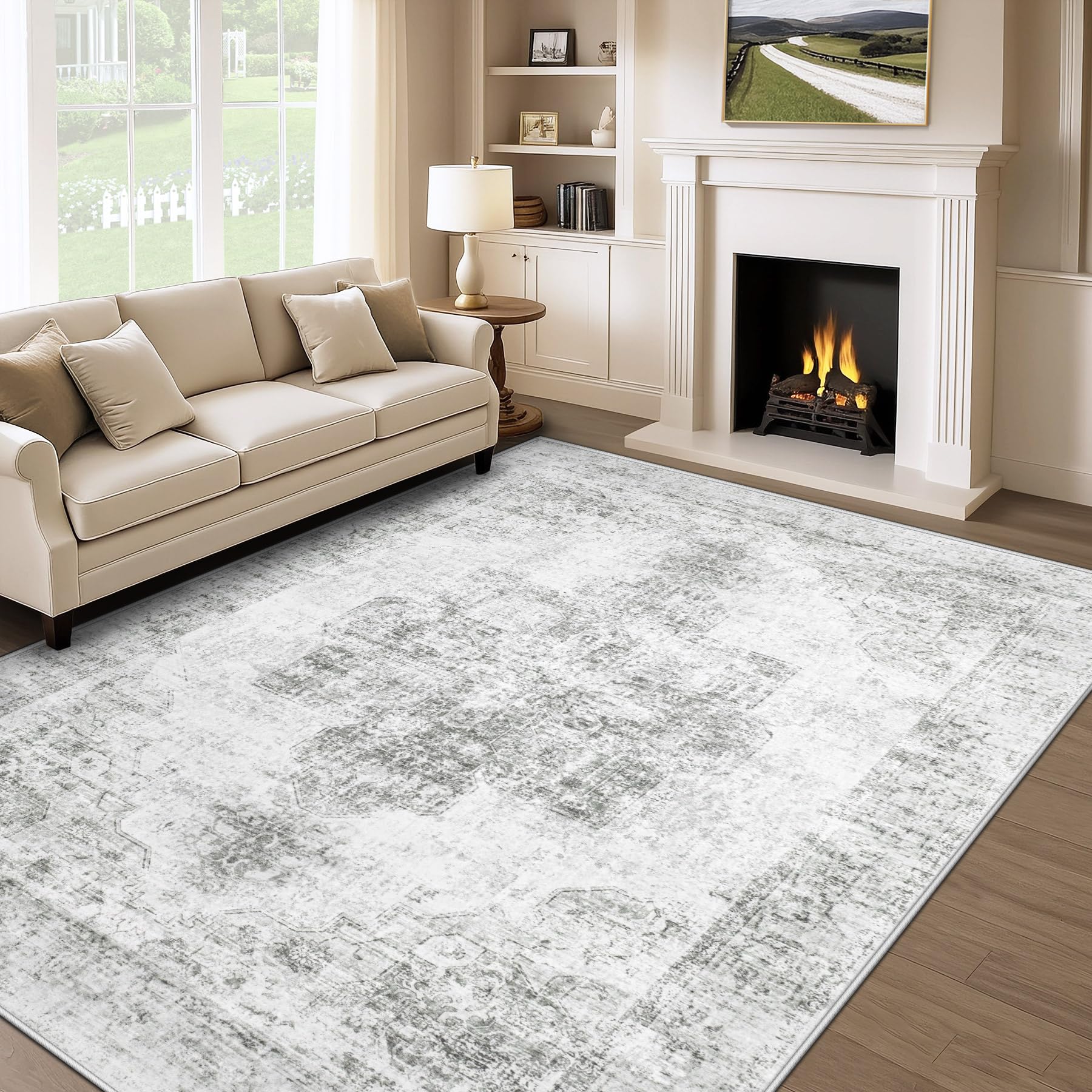 5x7 Area Rugs for Living Room, Washable Vintage Boho Medallion Rug Soft Non Slip Large Area Rug Stain Resistant Indoor Retro Carpet for Bedroom Nursery Kids Dining Room Home Office(Grey, 5'x7')