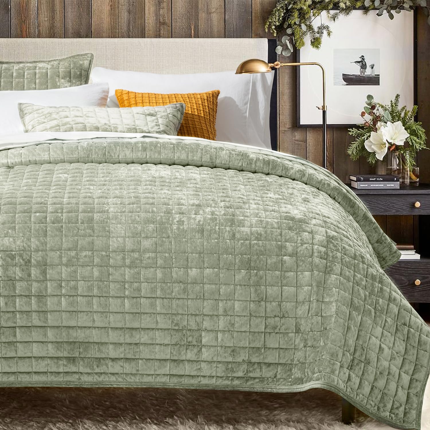 Photo 1 of RECYCO Luxury Velvet Quilt Set King Size Bedding Sets, Ultra Soft Velvet Comforter Set, Lightweight Channel Box Stitch Oversized Bedspread Coverlet for All Season, with 2 Shams, Sage Green