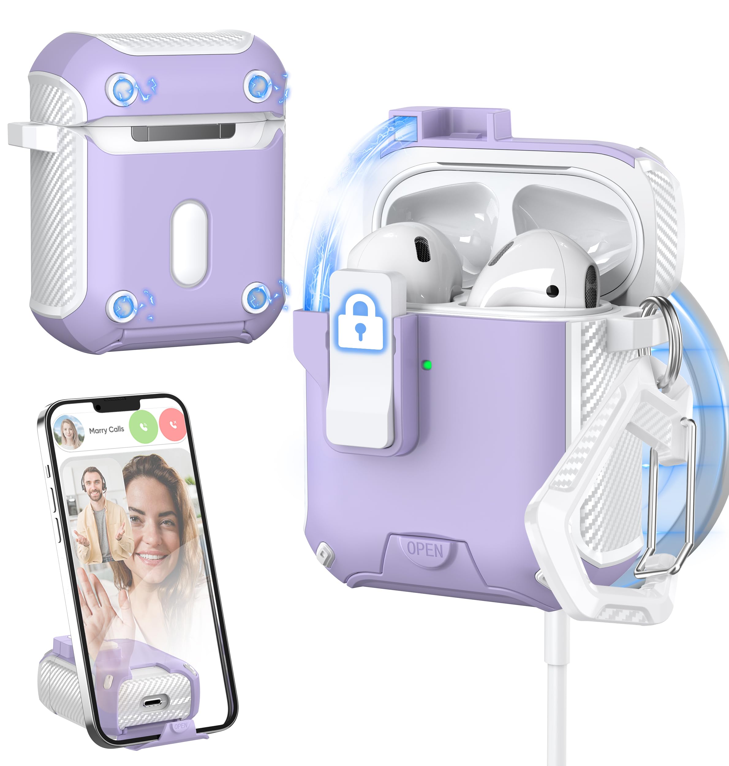 Photo 1 of MHYALUDO for AirPods Case Cover 2nd/1st Generation, Compatible with Magsafe, Magnetic Automatic Lock, Charging Port Dust-Proof & Stand Design with Cleaning Kit, White/Purple