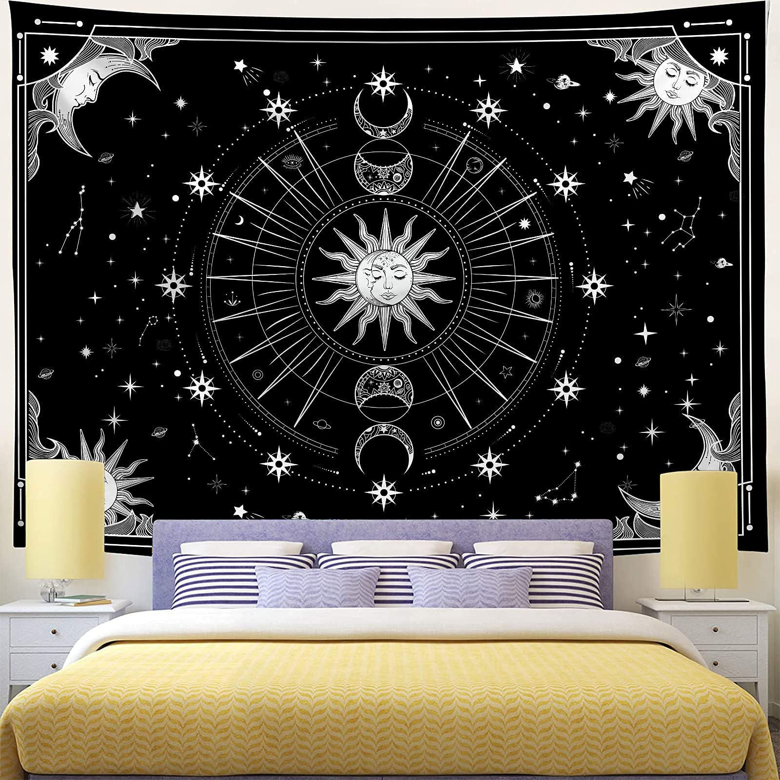 Bowavat Sun and Moon Wall Tapestry - Psychedelic Black and White, Mystic Stars Space Theme for Bedroom or Living Room (H70.8×W92.5)