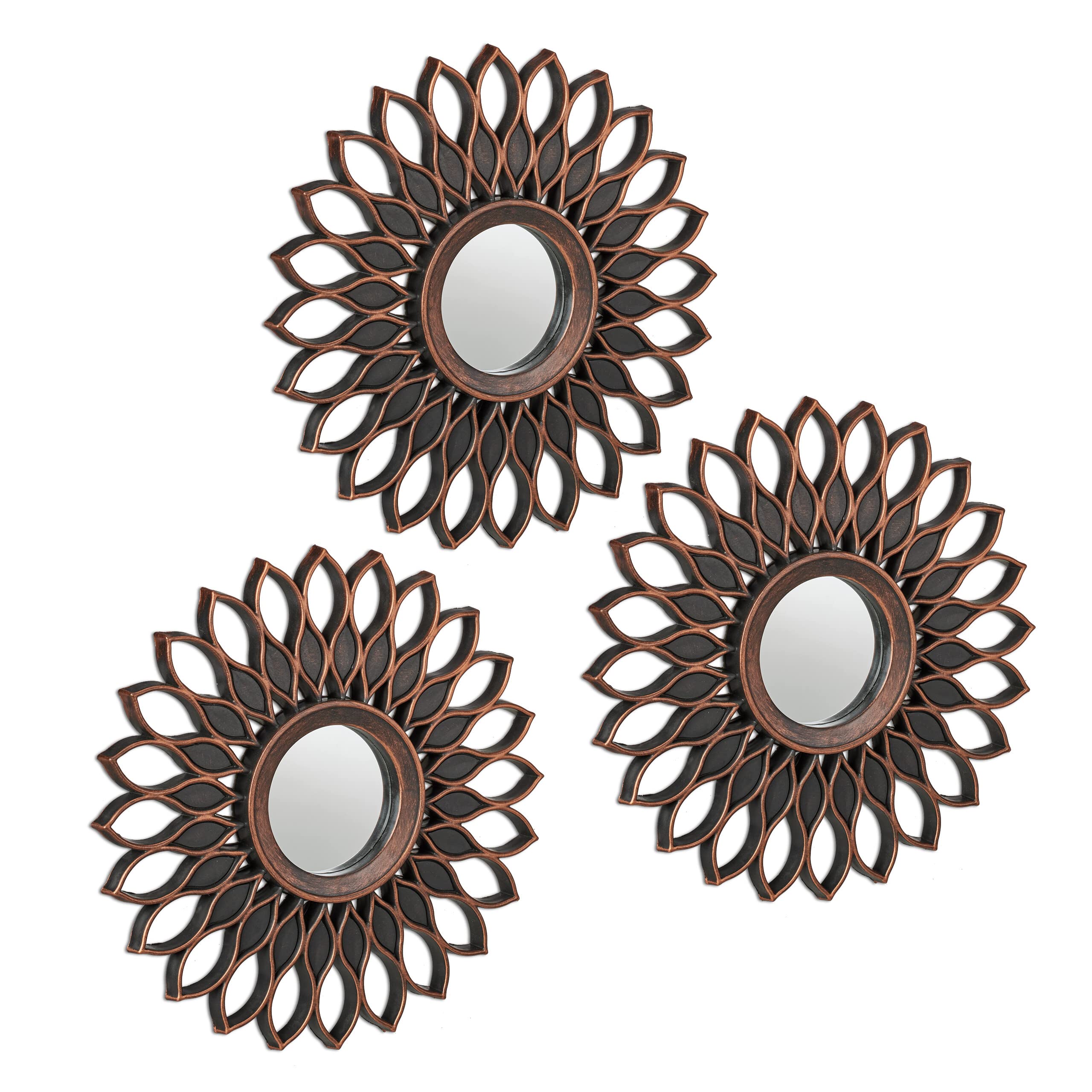 Relaxdays Set of 3 Mirrors, Floral Decor, Ø 25 cm, Round, Wall Mounted, Plastic Frame, Bedroom & Hallway, Bronze/Black