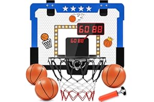 KROYEDFUW Indoor Basketball Hoop for Kids, Mini Basketball Hoop with Double Electronic Scoreboard and LED Light, Over The Door Basketball Gifts Toys for 5 6 7 8 9 10 11 12 Year Old Boys (East Blue)
