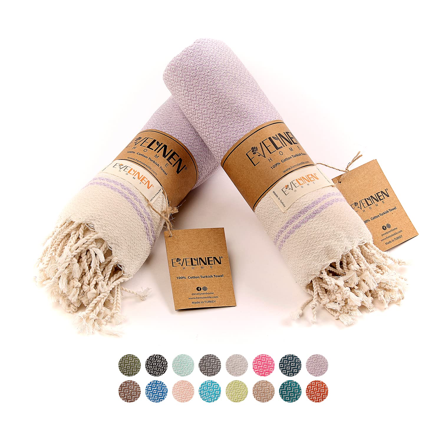 Evelynen Turkish Hand Towels for Bathroom & Kitchen Towels Decorative Set of 2 | Boho Farmhouse Hand Towels with Hanging Loops for Face, Tea, Dish, Kitchen & Bath | (16" x 32" - Lilac)