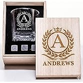 Personalized Name Monogram Whiskey Glass Gift Set - 4 Designs Custom Gift For Him - Personalized Bourbon Cup - 11 oz Engraved Monogram Scotch Glass in Wooden Box - Whiskey Gifts For Men
