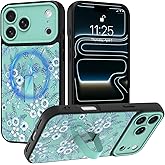 PIGLULOO Case for iPhone 17 Pro Max with Finger Strap Kickstand, Compatible with Magsafe, Cute Blue Flower Pattern for Women Girls, Aesthetic Floral Design Full Camera Protection Shockproof, Green