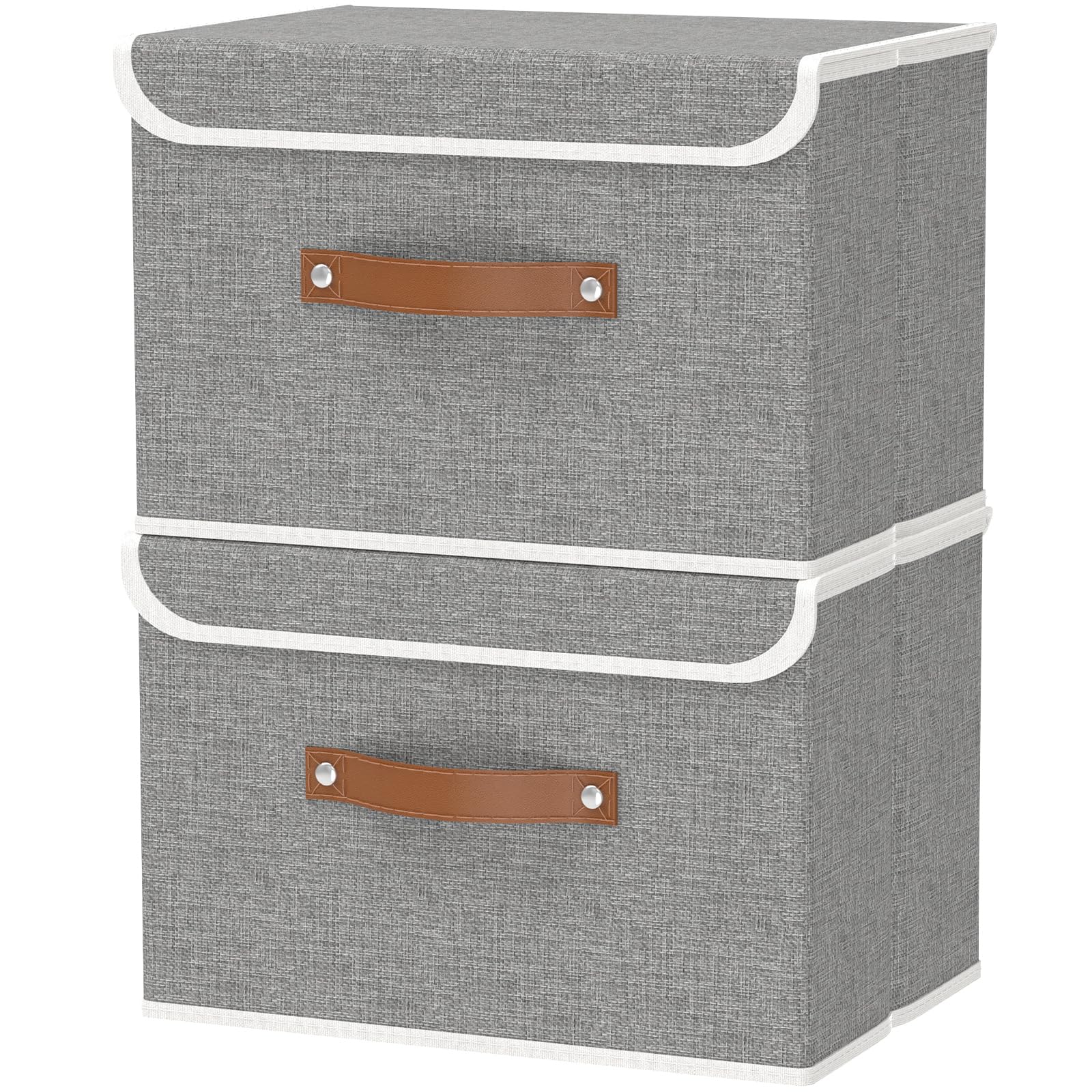 OUTBROS Collapsible Storage Box with Lid, Linen Fabric Clothing Shelf Basket Bins Box For Towels, Clothes 45x30x30 cm (Grey, 2-Pack)