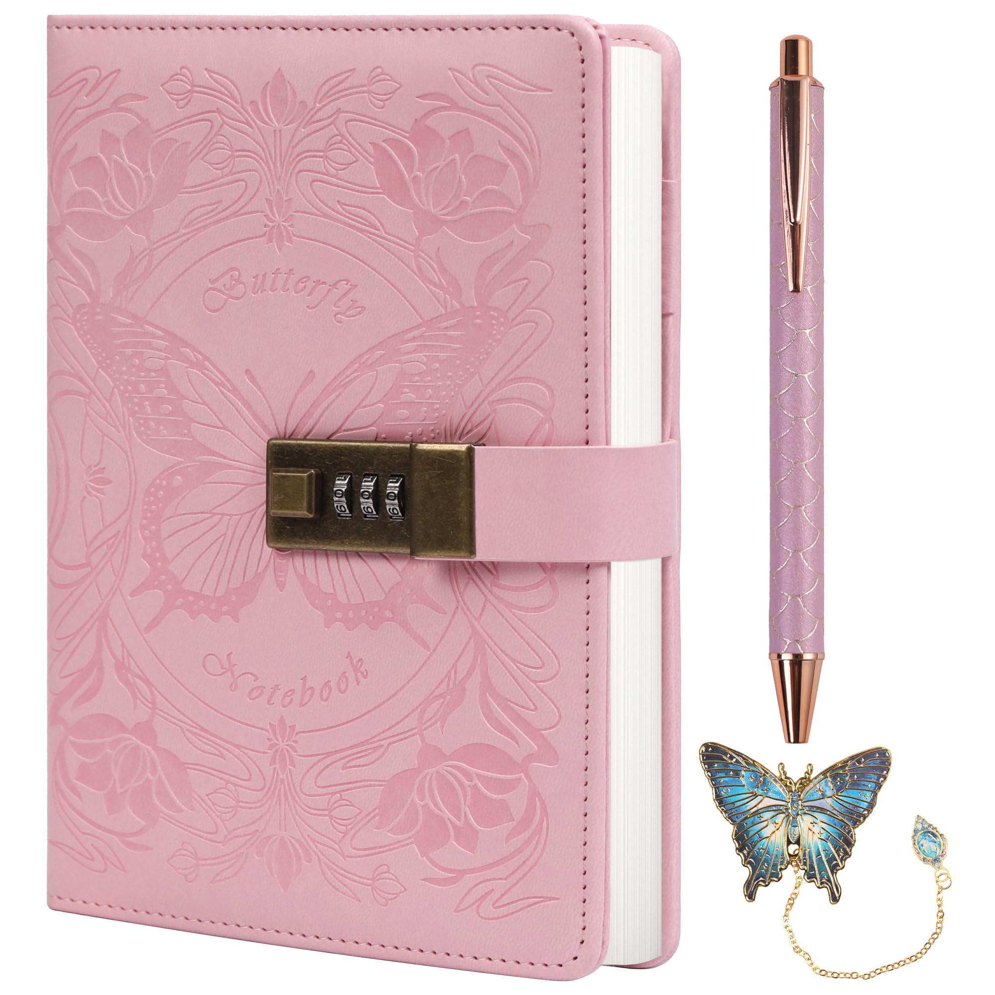 Photo 1 of TIEFOSSI Diary with Lock for Women Girls, Lined Locked Journal, Butterfly Journal Notebook with Pen and Bookmark, A5 Refillable Locking Journals for Writing, 224 Numbered Pages