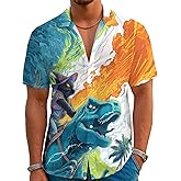 Evipop Funny Cartoon Print Hawaiian Shirt for Men Beach Vacation Casual Short Sleeve Button Down Aloha Shirt