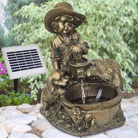 Amur Solar Water Feature Cascade Fountain The Frogs Paradise Ornamental Fountain For Garden Home Balcony Terrace Piece Unique Waterfall Solar Fountain Knabe With Dog At The Fountain Amazon Co Uk Garden Outdoors