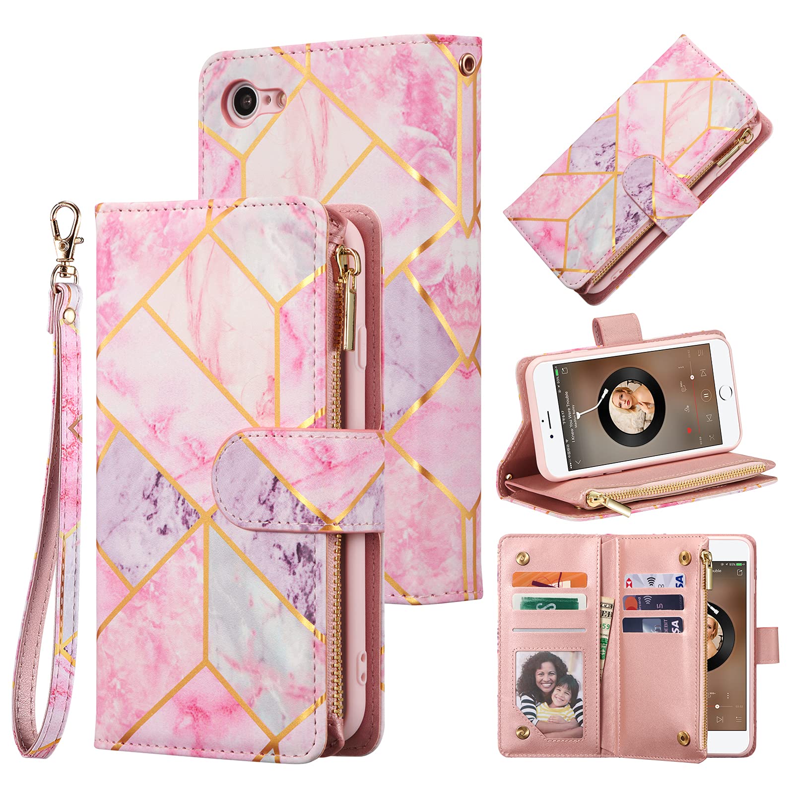 UEEBAI Wallet Case for iPhone 7/8/SE 2022 5G/SE 2020, Premium PU Leather Magnetic Handbag Zipper Case Kickstand Card Slots Wrist Strap Flip Cover for iPhone SE3/SE2 -Pink&Purple