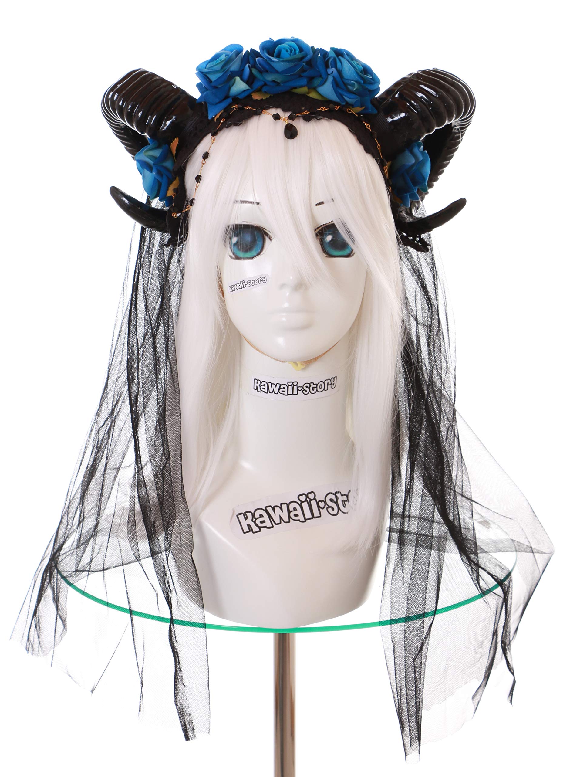 Kawaii-Story C-70-1 Aries Horns Satan Vampire Roses Veil Headband Headdress Gothic Lolita