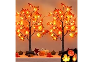 GRASTFU 2 Pack 24 Inch Prelit Fall Maple Tree Decor with 48 LED Timer Fall Thanksgiving Decorations Battery Operated Lighted Pumpkin Acorn Maple Artificial Tabletop Tree Thanksgiving Table Decor Home Indoor