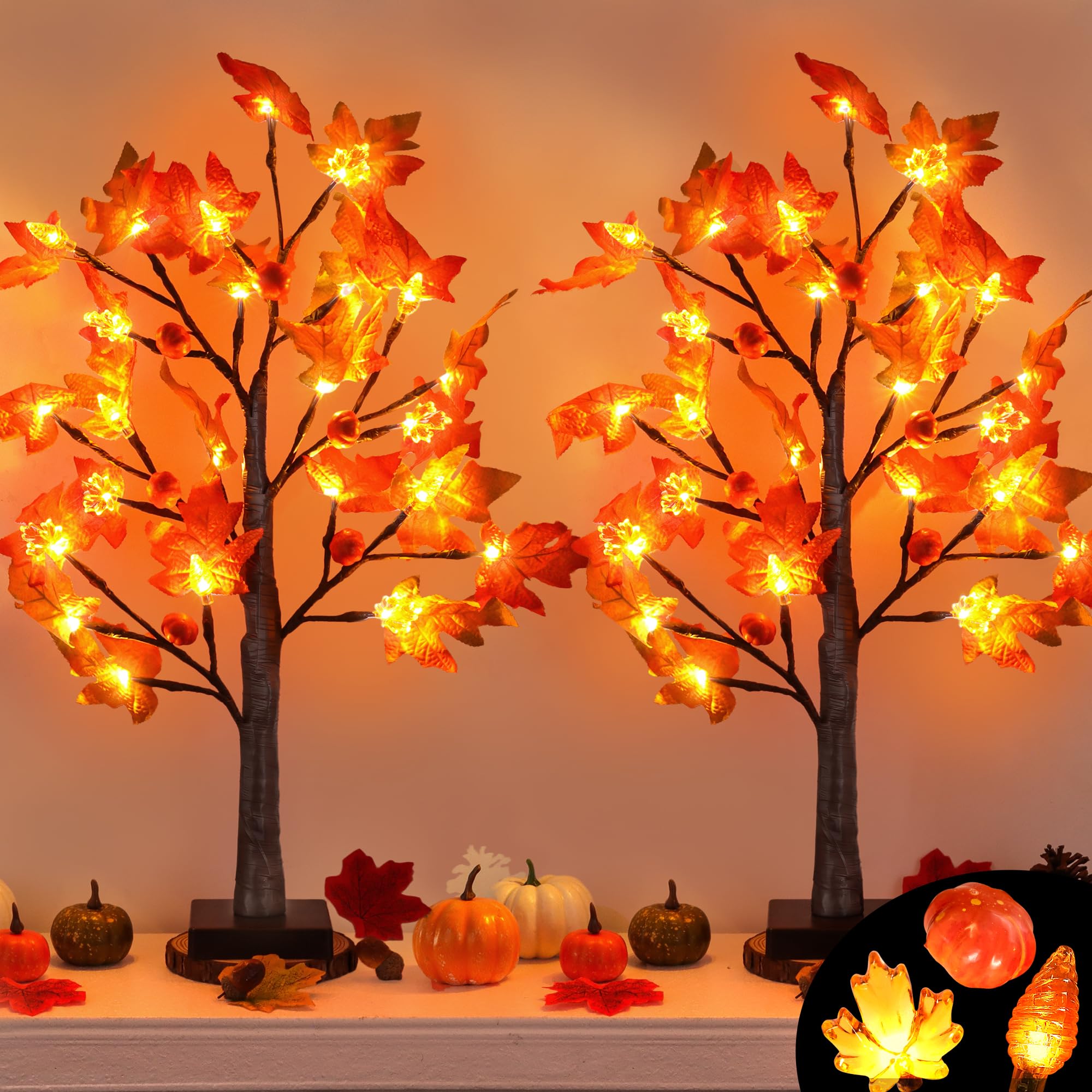 Photo 1 of 2Pack 24 Inch Prelit Maple Tree Fall Thanksgiving Decor with 48 LED Timer Battery Operated, Lighted 3D Acorn Maple Lampshade Pumpkin Artificial Tabletop Tree Thanksgiving Table Decorations Home Indoor