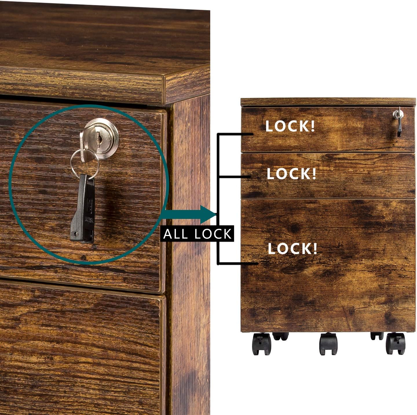 TOPSKY 3 Drawers Wood Mobile File Cabinet Fully Assembled Except Casters (Rustic Brown Letter Size) : Office Products