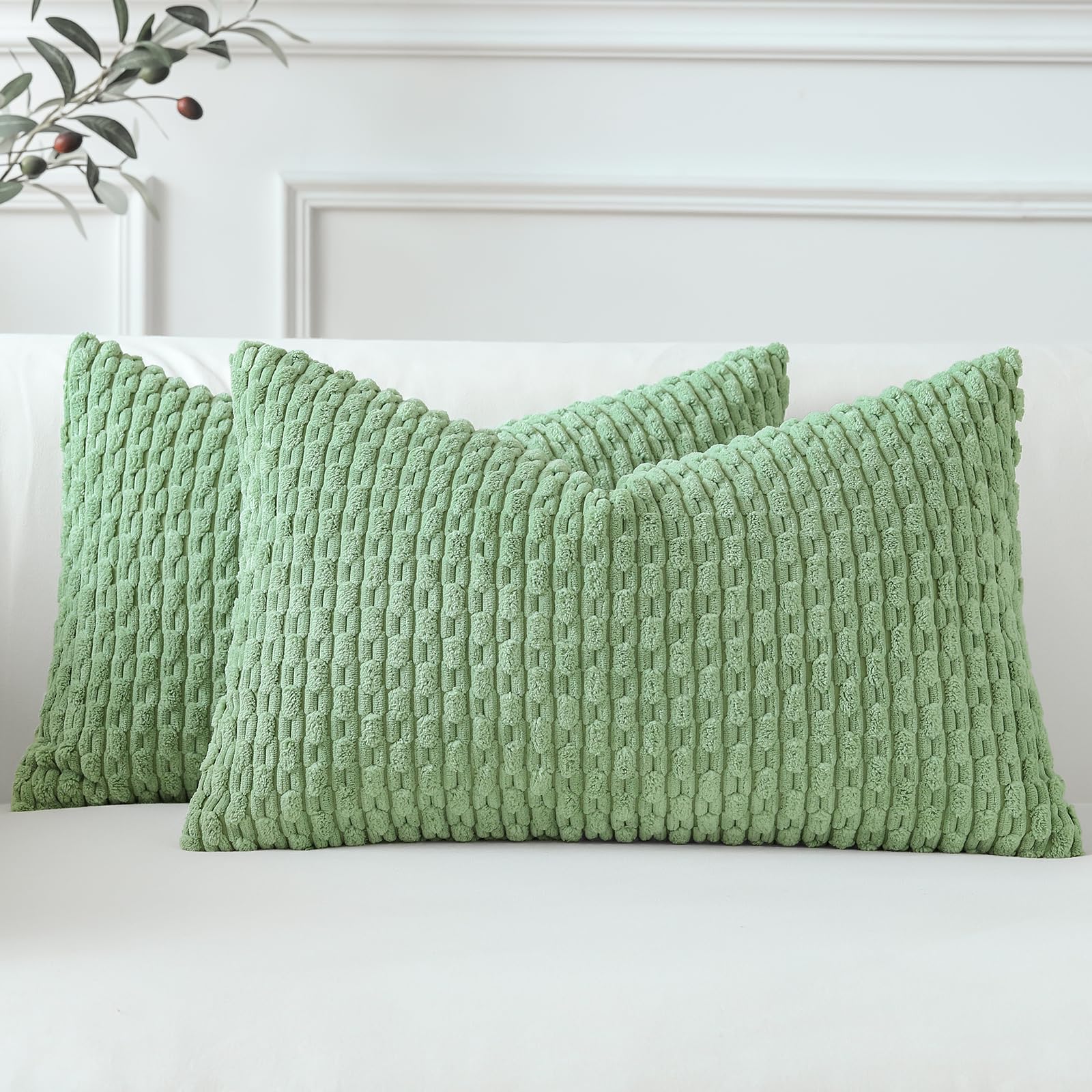Sungeek Set of 2 Sage Green Soft Corduroy Decorative Cushion Covers Boho Striped Throw Pillow Covers for Sofa Couch Living Room Patio Farmhouse Home Decor Pillowcases 30x50cm