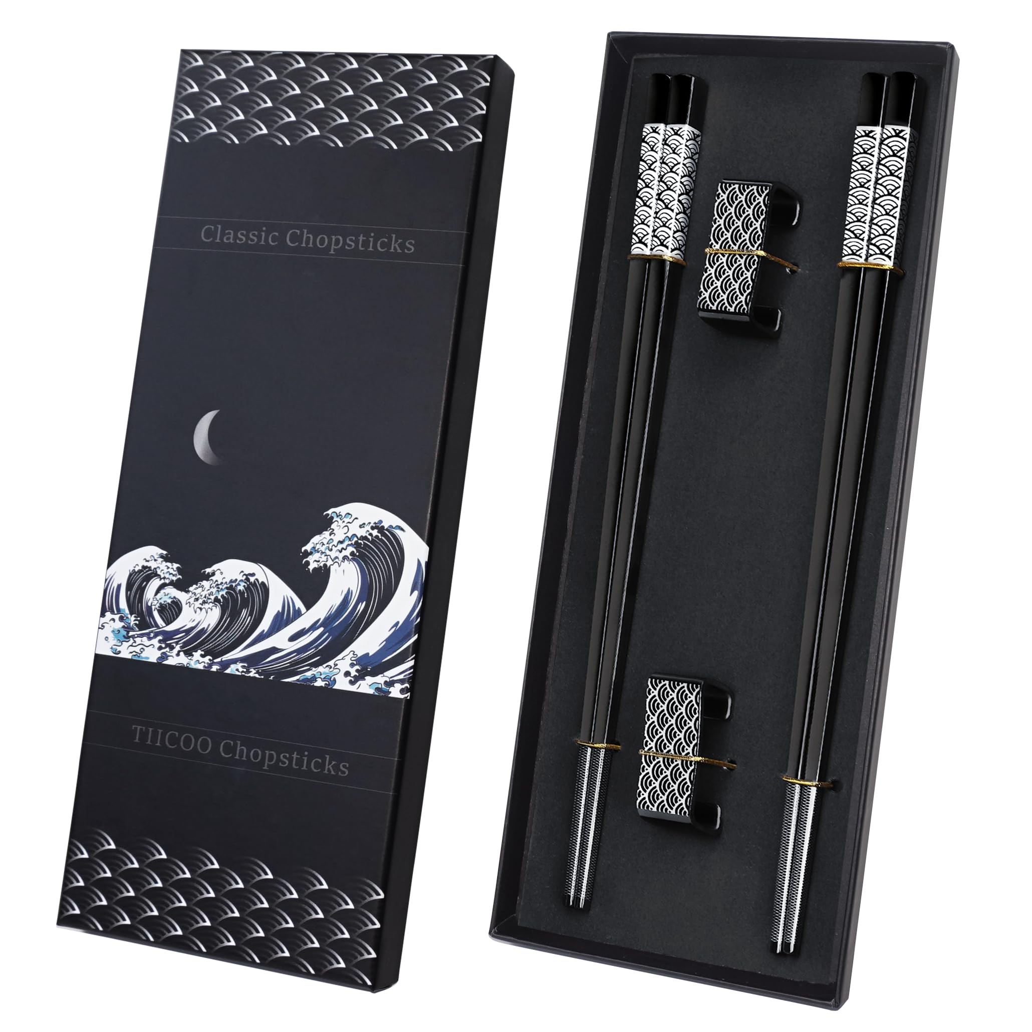 TIICOO Metal Chopsticks Reusable 2 Pairs Titanium Stainless Steel 18/8 Chopsticks with Holder, Dishwasher Safe Lightweight Korean Japanese Chinese Chopsticks Gift Set(Black)