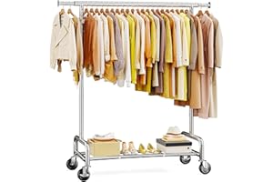 Raybee 75" W Heavy Duty Clothes Rack Load 450 LBS, Metal Garment Storage with Shelf, Lockable Wheels & Anti-Slip Stoppers, Rolling Clothing Rack for Bedroom Laundry Room