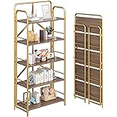4NM No Assembly Folding Bookshelf, 5 Tiers Collapsible Book Shelves Open Industrial Foldable Storage Bookcase Shelf for Bedroom, Living Room, Home Office - Brown and Gold