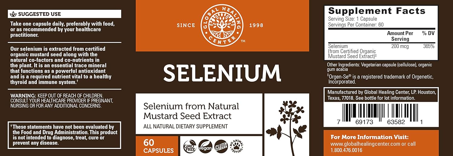 Global Healing Selenium 200mcg with Mustard Seed Extract, Antioxidant Supplement for Thyroid Support, Natural Metabolism, and Immune System Health - Non-GMO & Gluten-Free - Men & Women 60 Capsules: Health & Personal Care