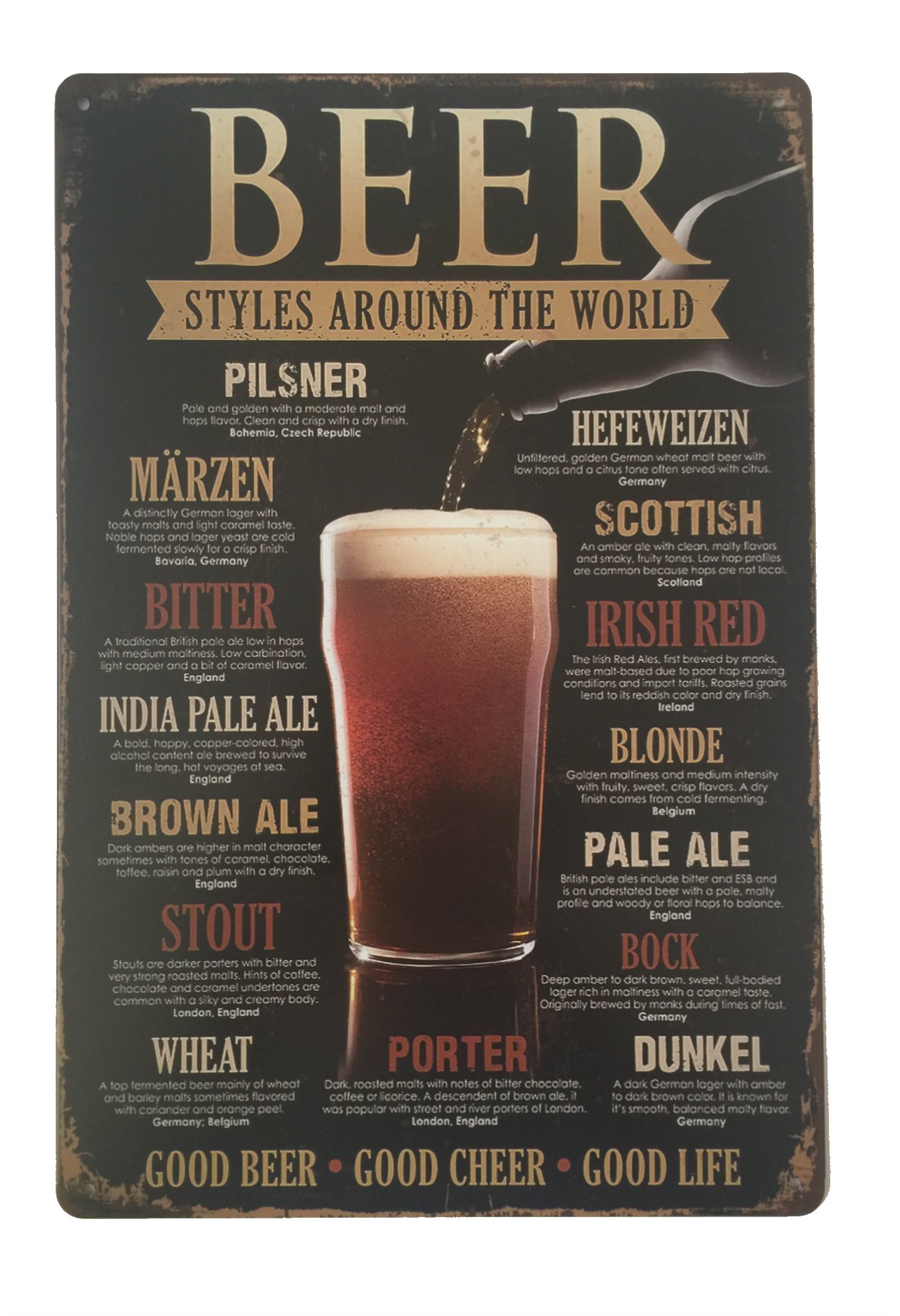Tin Sign Beer Styles Around The World Metal Novelty Retro Vintage Wall Plaque 20x30cm Decorative Sign - Ideal for Pub Bar Office Home Bedroom Dining Room Kitchen - Cool Classic Gift Shabby Chic