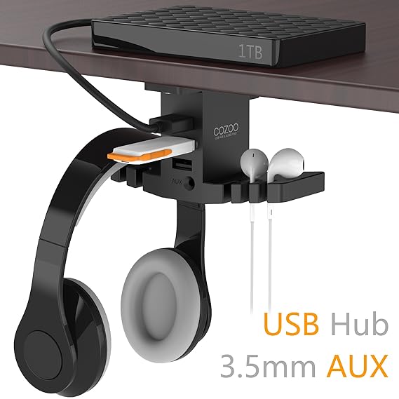 COZOO Kopfhörer Ständer mit USB Hub(1*usb3,0 + 2*usb2,0) mit 3,5mm AUX Audio Jack - Schnittstelle Versteckter Kopfhörer Halte