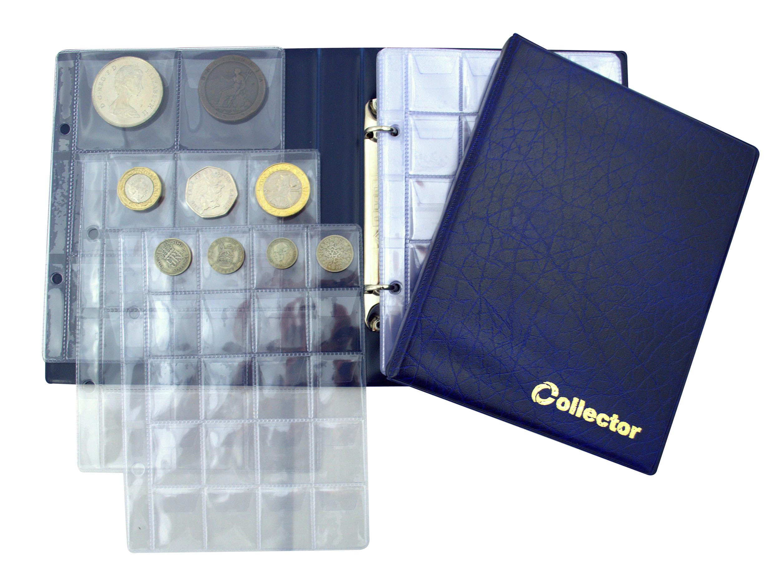 COLLECTOR Coin Album for 126 Mix Sizes Coins, 10 Pages, 2.5 cm Thick, Includes Pockets for Small to Large Coins (Blue)