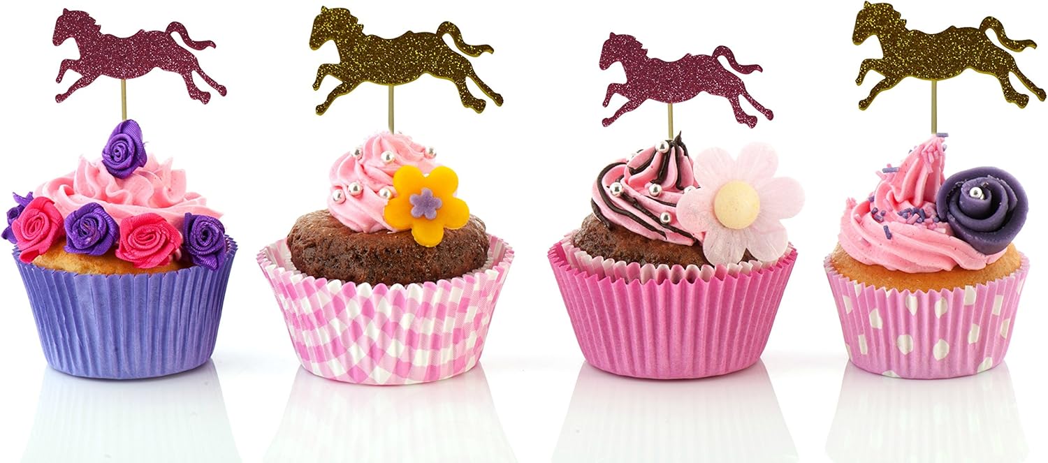 Amazon Com 40 Horse Cupcake Toppers Glitter Gold And Pink