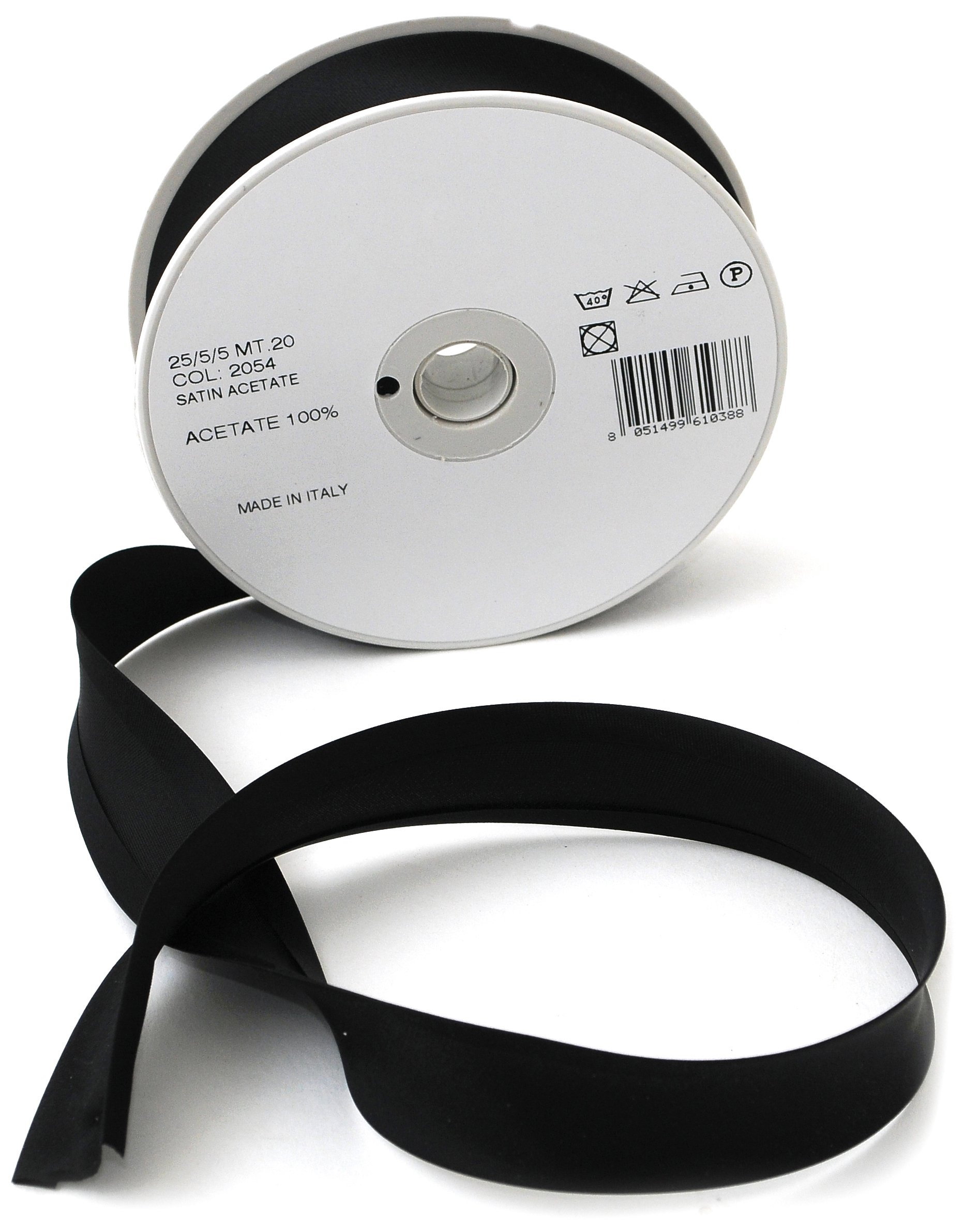 Inastri Trimz Acetate Satin Bias Binding Tape, 25mm Width, Black (Color 2054) – Silky Double-Fold Edging for Dressmaking, Bridal & Crafts