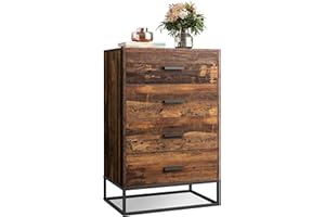 WLIVE Wood Dresser for Bedroom with 4 Drawers, Tall Dresser with Sturdy Metal Frame, Wooden Chest of Drawers for Hallway, Living Room, Closet, Brown Oak