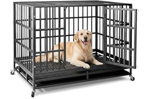 NUGRIART 48 Inch Heavy Duty Indestructible Dog Crate, XL Steel Escape-Proof Kennel for Large Dogs, Double Door Design with 4 Locking Wheels & Reinforced Baseplate, Ideal for High-Anxiety Dogs