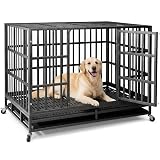 NUGRIART 48 Inch Heavy Duty Indestructible Dog Crate, XL Steel Escape-Proof Kennel for Large Dogs, Double Door Design with 4 Locking Wheels & Reinforced Baseplate, Ideal for High-Anxiety Dogs