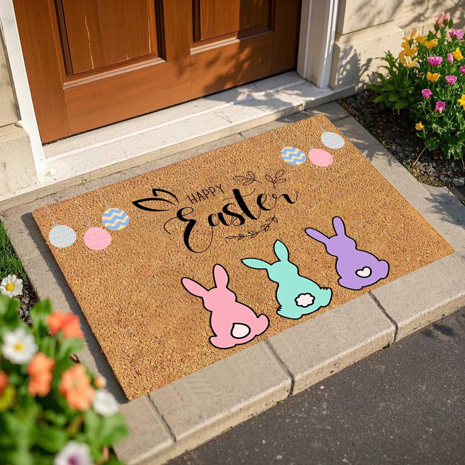 Easter Decorations,Coir Easter Bunny Door Mat,Happy Easter Front Door Rugs,Non Slip Doormat for Outdoor Indoor for Entryway, Easter Egg Door Mats for Living Room Kitchen Decor Easter Gifts
