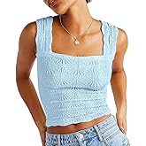 DouBCQ Women Cute Crop Tank Top Square Neck Wide Strap Vest Slim Fit Floral Lettuce Trim Cropped Cami Tops
