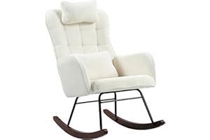 HOMCOM Upholstered Rocking Chair with Headrest and Lumber Pillow, Teddy Fleece Modern Rocker Chair with High Back, Steel Frame and Beech Wood Base for Living Room, Bedroom, Cream White
