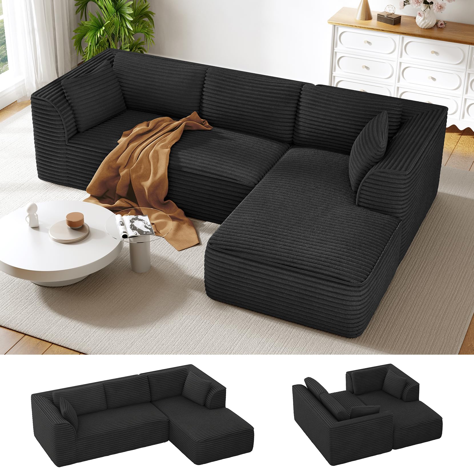 Photo 1 of *ONLY LEFT SIDE PIECE*
 Vesgantti 106" Modular Sectional Sofa with Chaise, Deep Seat Comfy Cloud Couch Corduroy L Shaped Sofa Sectional Couches for Living Room Bedroom, No Assembly Required (Black)