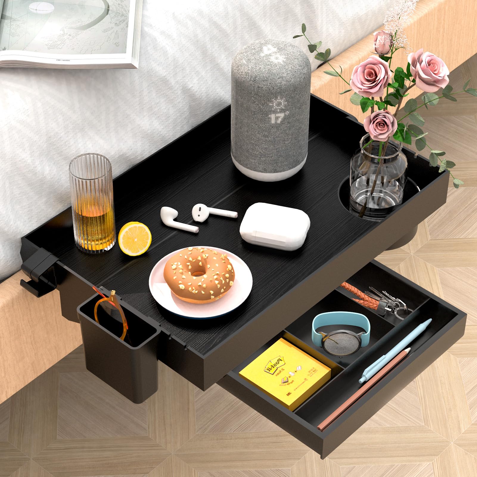 Photo 1 of Ronlap Folding Bedside Shelf Bunk Bed Shelf Organizer for Top Bunk Clip On Bed Side Shelf Tray for College Dorm Lofted Bed Plastic Bedside Nightstand with Cup Holder, Small Size with Drawer, Black