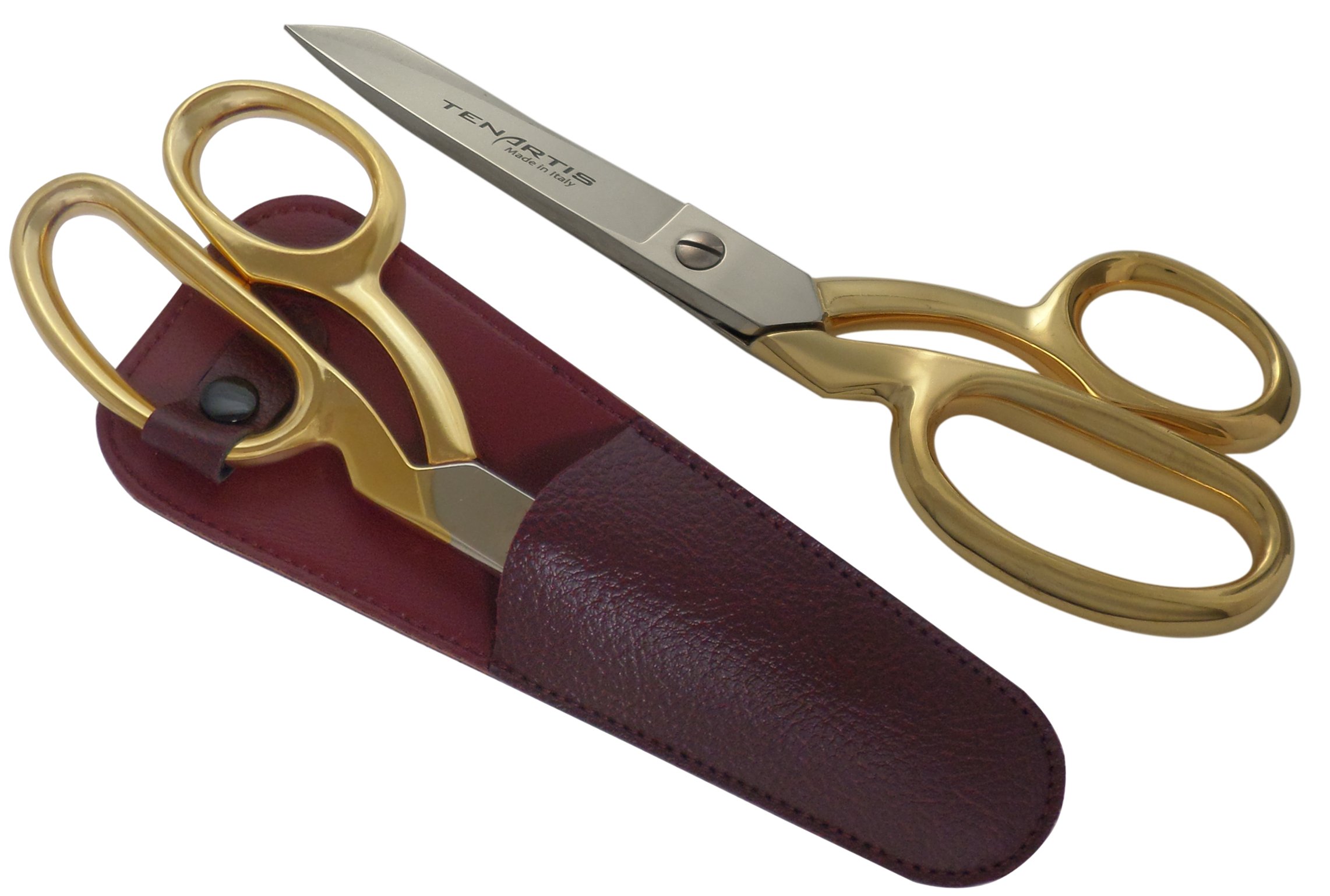Tenartis 384 8" Fabric, Dressmaking, Sewing Scissors, Gold-Plated with Burgundy Scabbard - Made in Italy