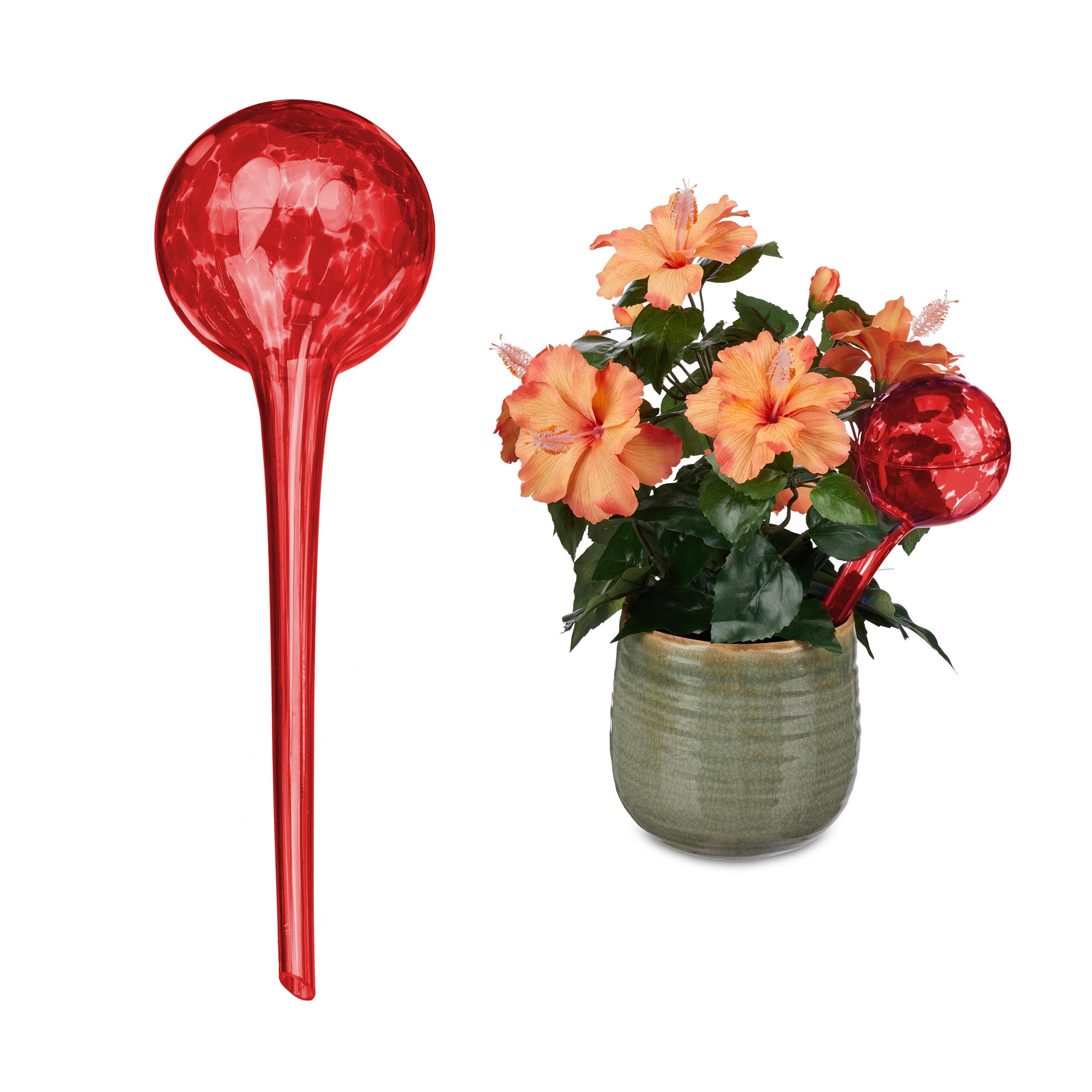 Relaxdays Watering Globes Set of 2, Regulated Plant Irrigation for Office & Holiday, Glass, Ø 9 cm, Red